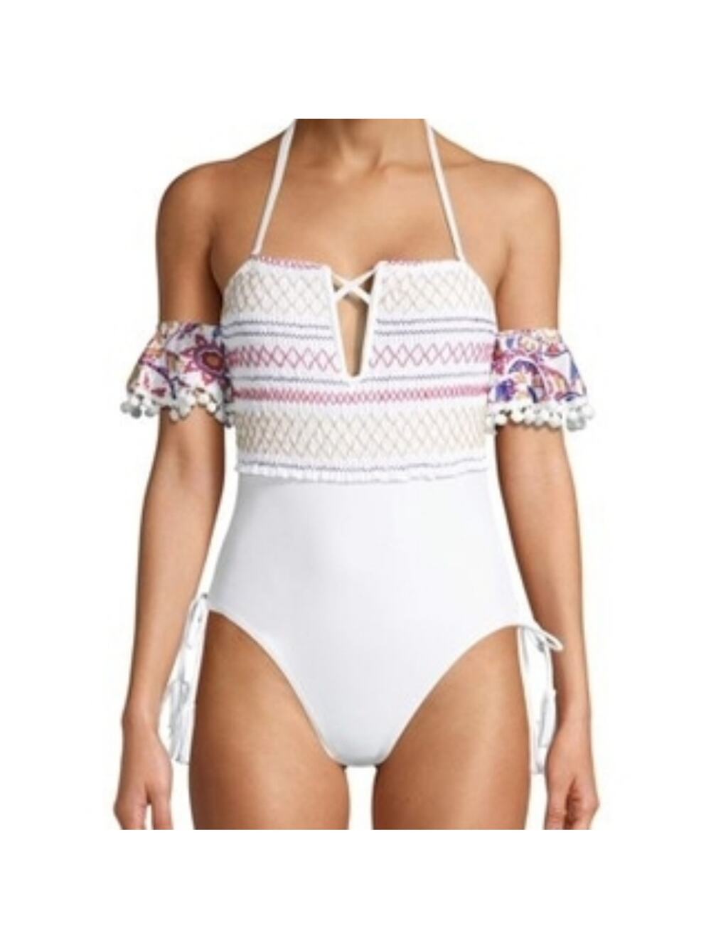 XOXO white smocked illusion sleeve pompom swimsuit NEW